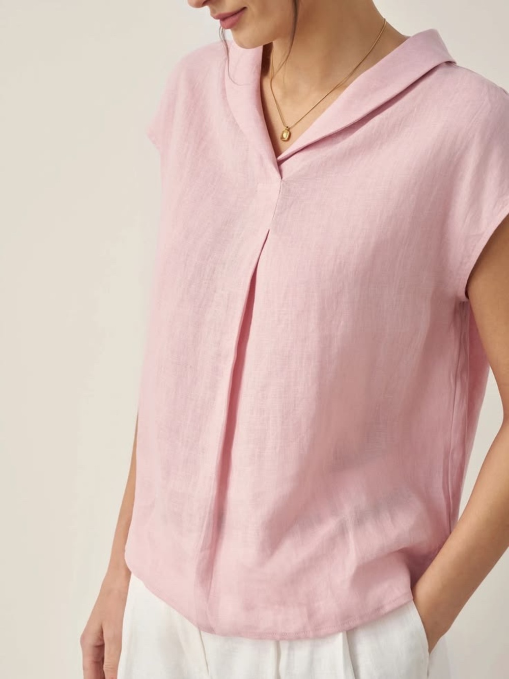 Lintico 100% Linen Notch-Collar Blouse pink minimalist capsule wardrobe classic